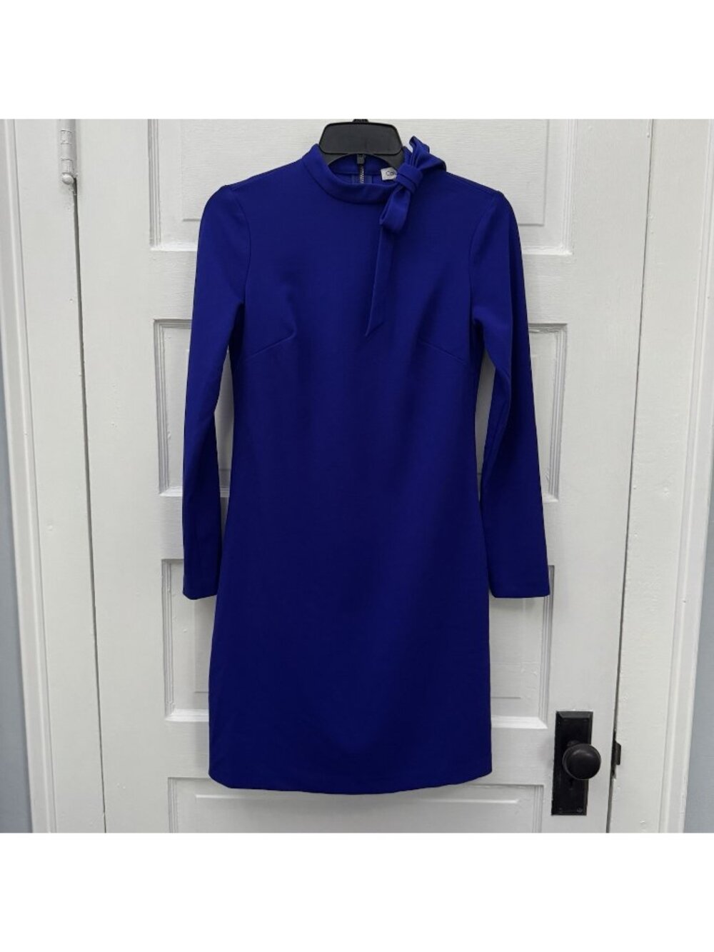 Calvin Klein Dress Womens 2 Cobalt Blue Bow Neck Long Sleeve Sheath Cocktail
